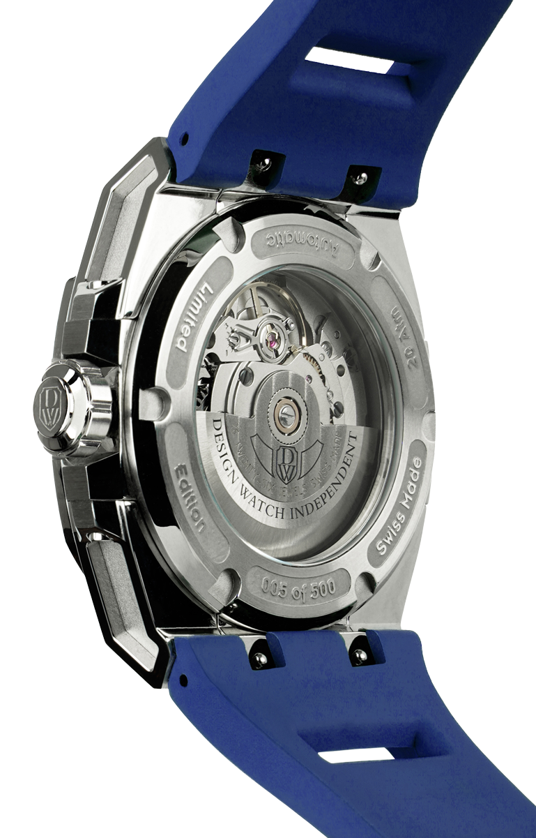 M3S white and blue dial - swiss made watch with DWISS signature mysterious hours easy interchangeable strap using sellita SW200-1 movement back view