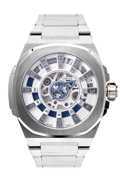 M3S white and blue dial - swiss made watch with DWISS signature mysterious hours easy interchangeable bracelet using sellita SW200-1 movement