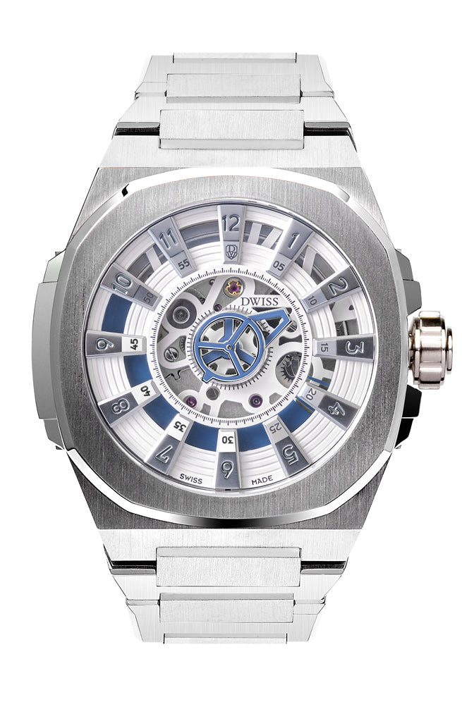 DWISS M3S Automatic Swiss Made watch with mysterious hours White blue. SWISS MADE AUTOMATIC WRIST WATCH WITH DWISS SIGNATURE MYSTERIOUS HOURS.