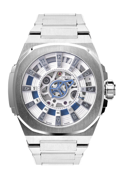 M3S blue - swiss made watch with DWISS signature mysterious hours easy interchangeable metal bracelet using sellita SW200-1 movement