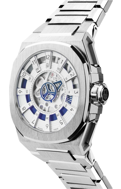 M3S white and blue dial - swiss made watch with DWISS signature mysterious hours easy interchangeable bracelet using sellita SW200-1 movement 3/4 view