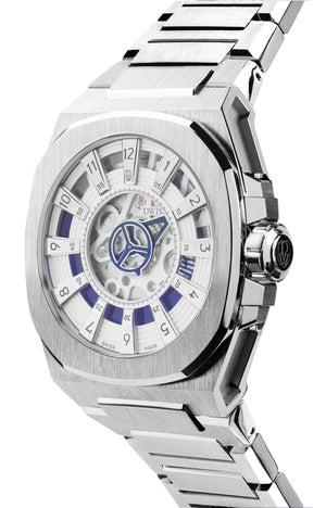 DWISS M3S Automatic Swiss Made watch with mysterious hours White blue. SWISS MADE AUTOMATIC WRIST WATCH WITH DWISS SIGNATURE MYSTERIOUS HOURS. 3/4 front