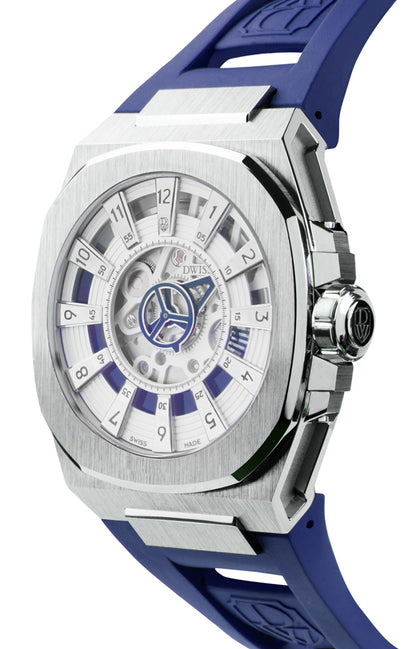 M3S swiss made watch with DWISS signature mysterious hours FKM blue easy interchangeable rubber straps using sellita SW200-1 movement
