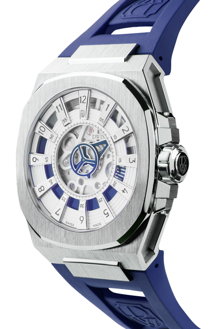 M3S white and blue dial - swiss made watch with DWISS signature mysterious hours easy interchangeable strap using sellita SW200-1 movement 3/4 view
