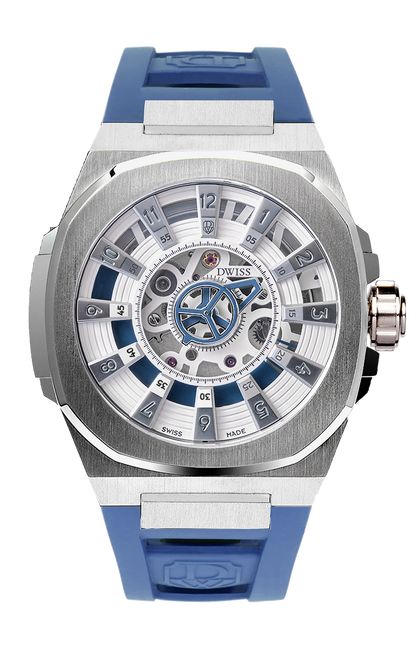 M3S white and blue dial - swiss made watch with DWISS signature mysterious hours easy interchangeable strap using sellita SW200-1 movement