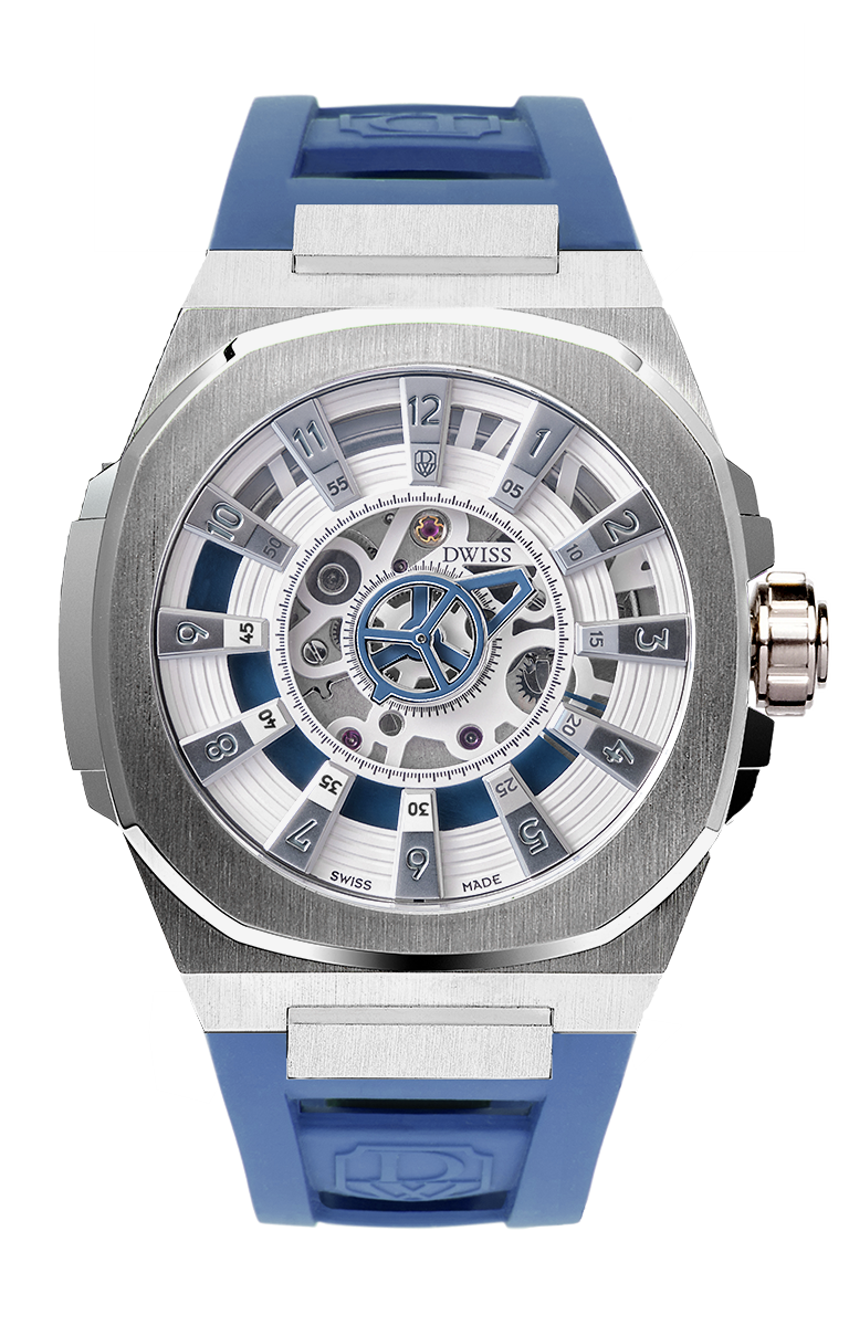 M3S white and blue dial - swiss made watch with DWISS signature mysterious hours easy interchangeable strap using sellita SW200-1 movement