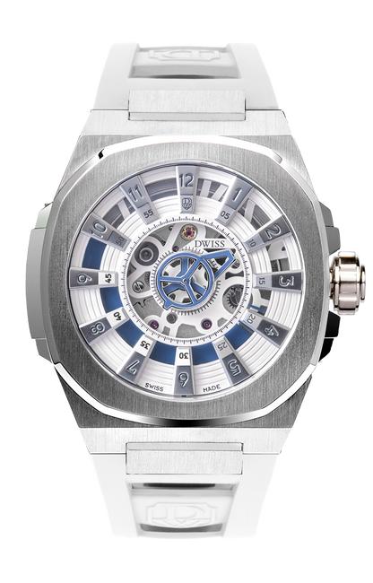 M3S white and blue dial - swiss made watch with DWISS signature mysterious hours easy interchangeable blue strap using sellita SW200-1 movement