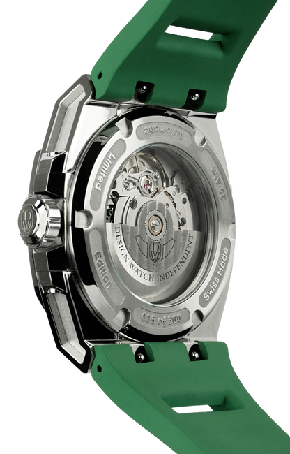 M3S green - swiss made watch with DWISS signature mysterious hours easy interchangeable strap using sellita SW200-1 movement back view