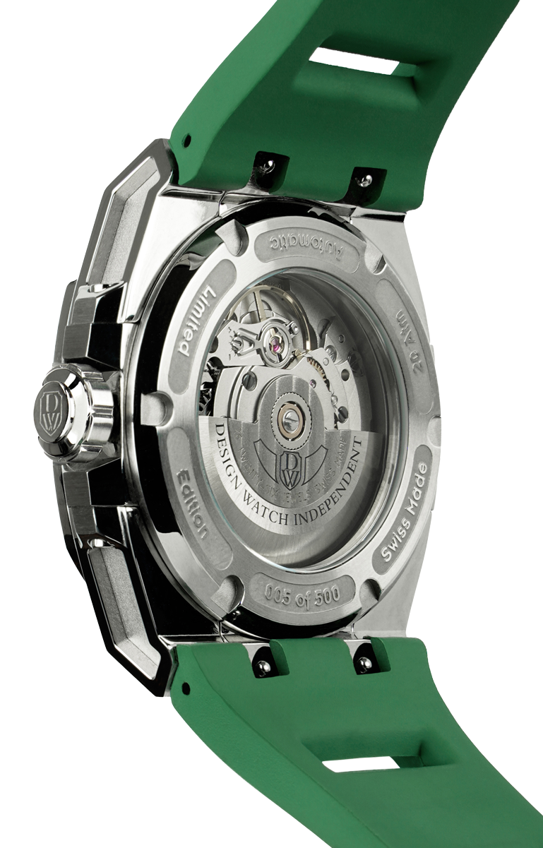 M3S green - swiss made watch with DWISS signature mysterious hours easy interchangeable strap using sellita SW200-1 movement back view
