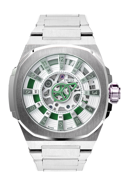M3S green - swiss made watch with DWISS signature mysterious hours easy interchangeable metal bracelet using sellita SW200-1 movement