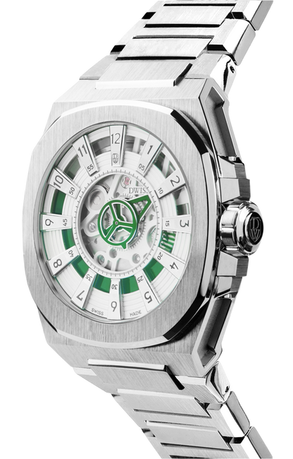 M3S white and green dial - swiss made watch with DWISS signature mysterious hours easy interchangeable bracelet using sellita SW200-1 movement 3/4 view