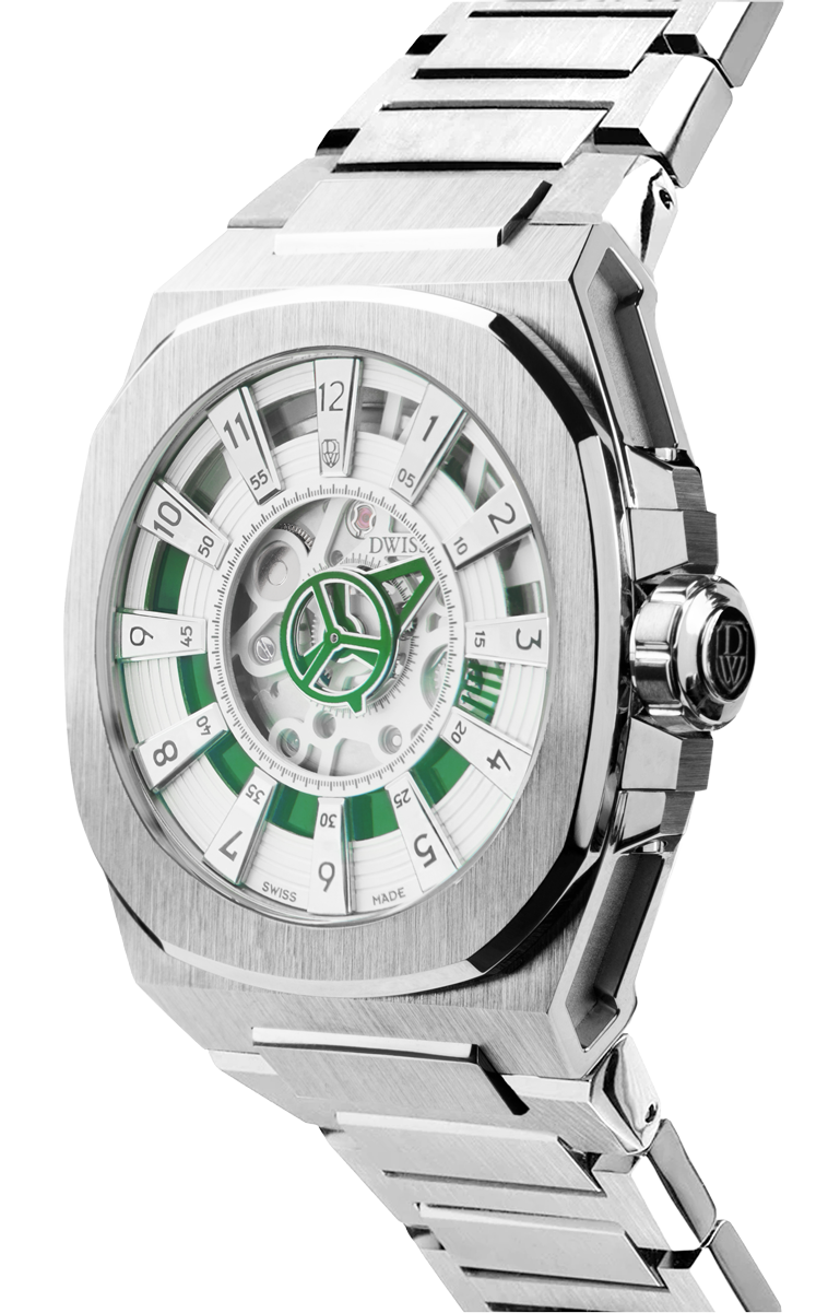 M3S white and green dial - swiss made watch with DWISS signature mysterious hours easy interchangeable bracelet using sellita SW200-1 movement 3/4 view