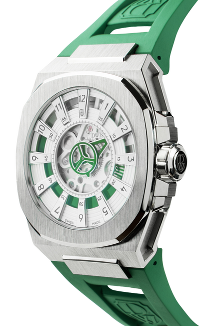 M3S white and green dial - swiss made watch with DWISS signature mysterious hours easy interchangeable strap using sellita SW200-1 movement 3/4 view