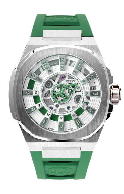 M3S white and green dial - swiss made watch with DWISS signature mysterious hours easy interchangeable strap using sellita SW200-1 movement