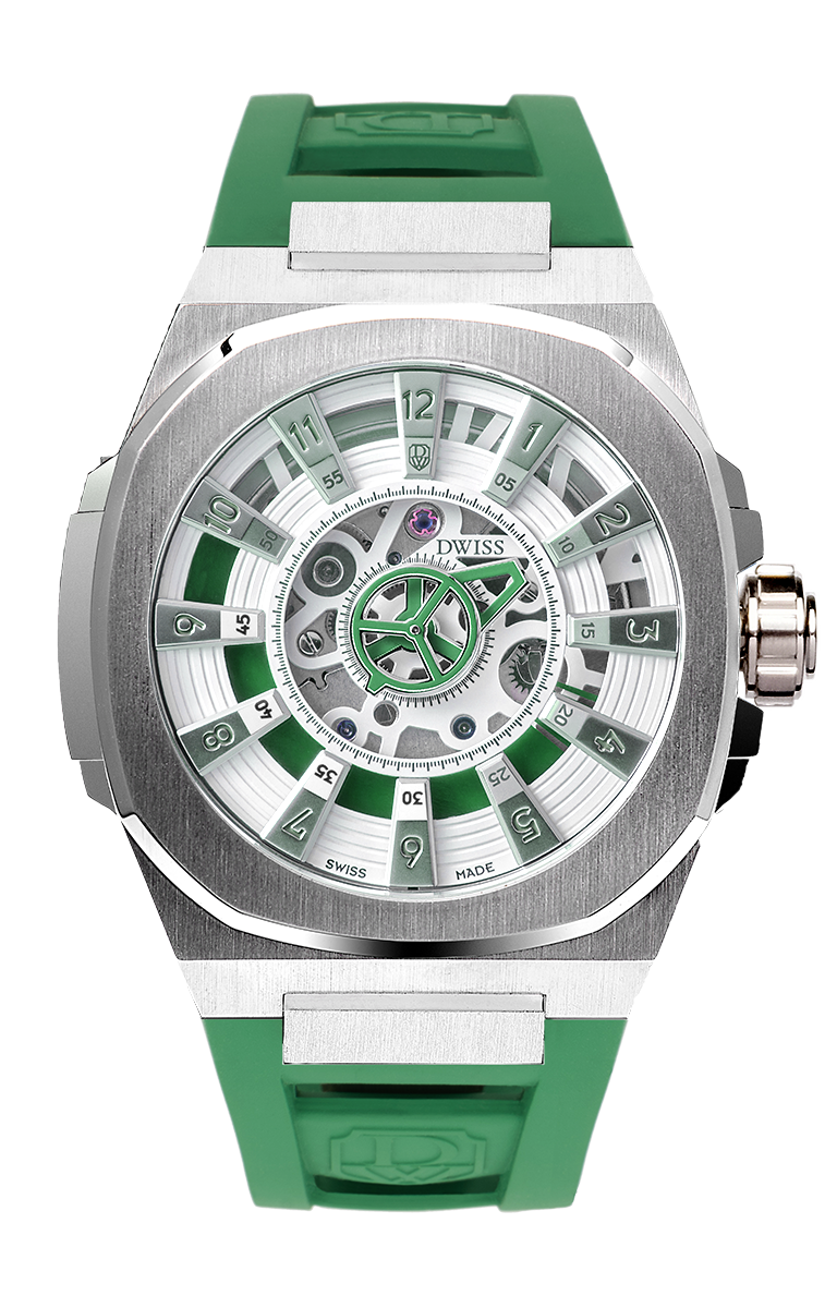 M3S white and green dial - swiss made watch with DWISS signature mysterious hours easy interchangeable strap using sellita SW200-1 movement