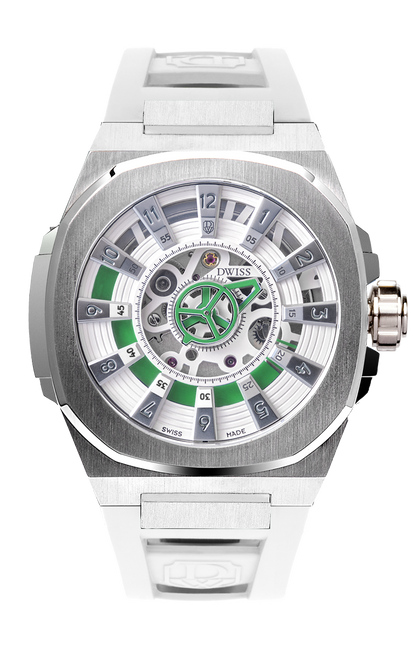 M3S white and green dial - swiss made watch with DWISS signature mysterious hours easy interchangeable white strap using sellita SW200-1 movement
