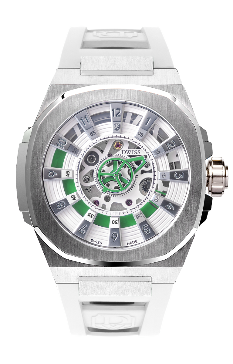 M3S white and green dial - swiss made watch with DWISS signature mysterious hours easy interchangeable white strap using sellita SW200-1 movement