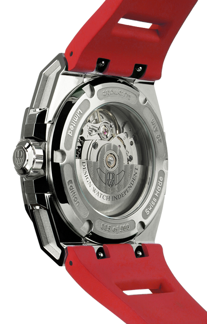 M3S red - swiss made watch with DWISS signature mysterious hours easy interchangeable strap using sellita SW200-1 movement back view