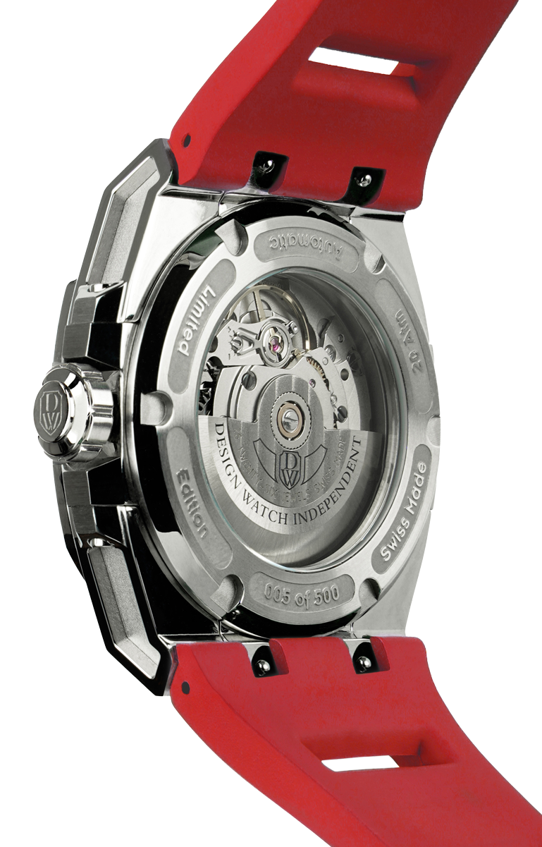 M3S red - swiss made watch with DWISS signature mysterious hours easy interchangeable strap using sellita SW200-1 movement back view