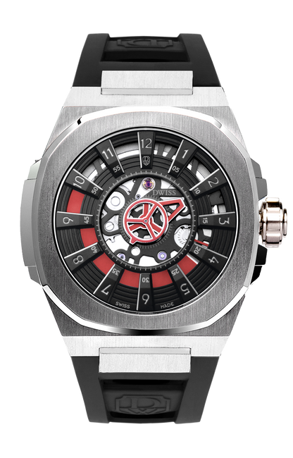 M3S black and red dial - swiss made watch with DWISS signature mysterious hours easy interchangeable black strap using sellita SW200-1 movement