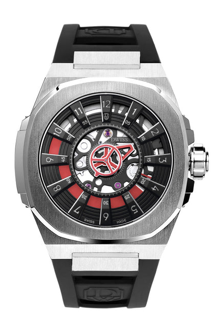 M3S red - swiss made watch with DWISS signature mysterious hours easy interchangeable  FKM rubber strap using sellita SW200-1 movement