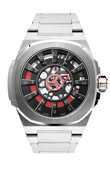 M3S red and black dial - swiss made watch with DWISS signature mysterious hours easy interchangeable strap using sellita SW200-1 movement