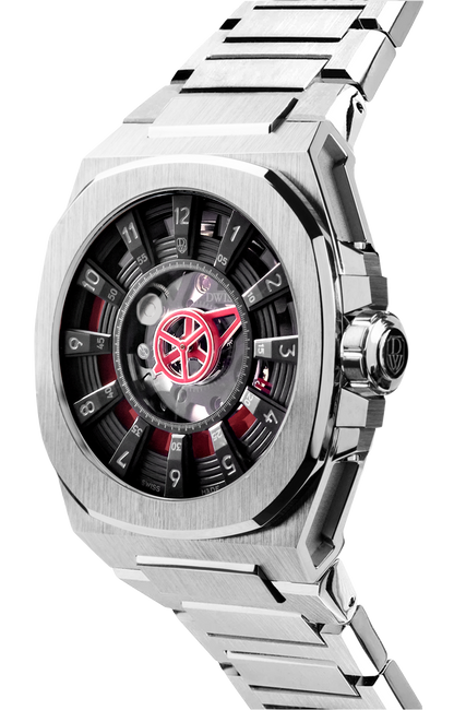 M3S red and black dial - swiss made watch with DWISS signature mysterious hours easy interchangeable strap using sellita SW200-1 movement 3/4 view