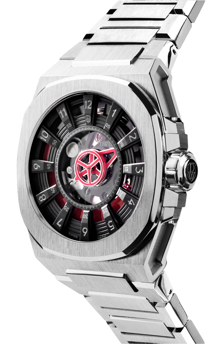 M3S red and black dial - swiss made watch with DWISS signature mysterious hours easy interchangeable strap using sellita SW200-1 movement 3/4 view