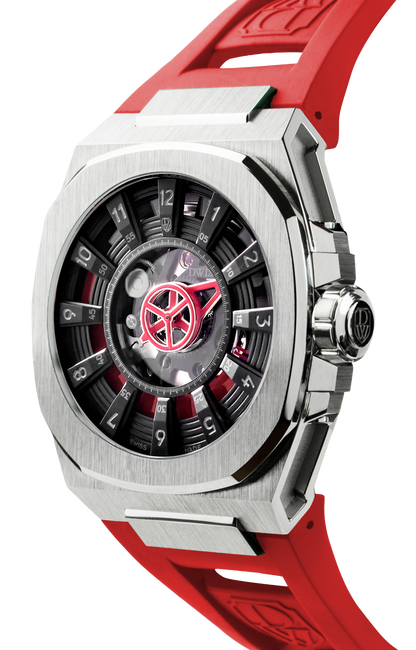M3S black and red dial - swiss made watch with DWISS signature mysterious hours easy interchangeable strap using sellita SW200-1 movement 3/4 view