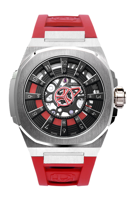 M3S black and red dial - swiss made watch with DWISS signature mysterious hours easy interchangeable strap using sellita SW200-1 movement