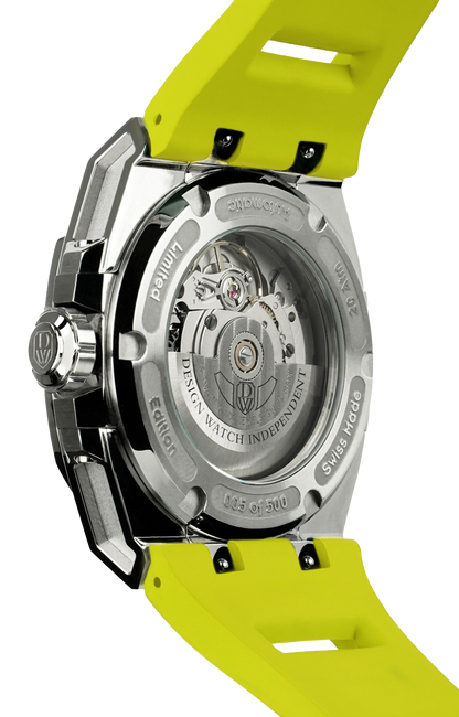 M3S yellow - swiss made watch with DWISS signature mysterious hours easy interchangeable strap using sellita SW200-1 movement back view