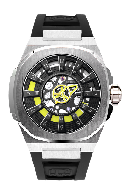 M3S black and yellow dial - swiss made watch with DWISS signature mysterious hours easy interchangeable black strap using sellita SW200-1 movement