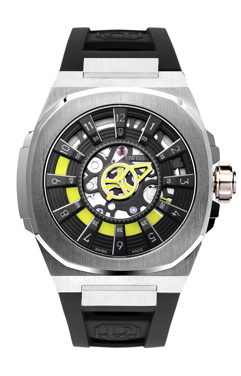 M3S black and yellow dial - swiss made watch with DWISS signature mysterious hours easy interchangeable black strap using sellita SW200-1 movement