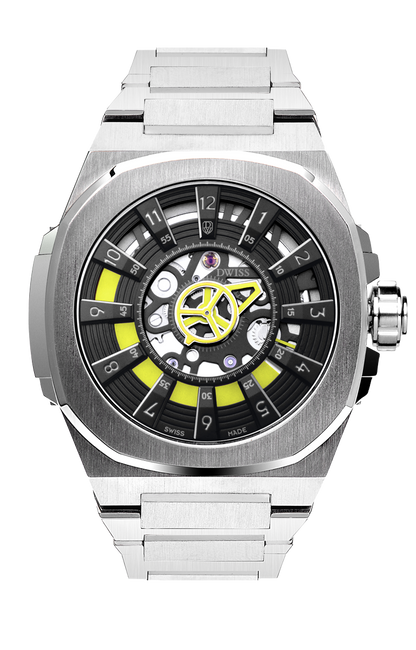 M3S black and yellow dial - swiss made watch with DWISS signature mysterious hours easy interchangeable bracelet using sellita SW200-1 movement