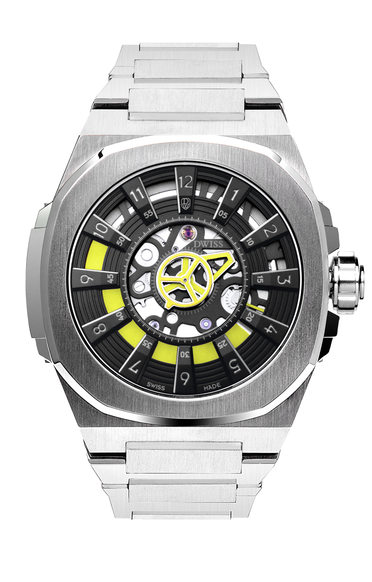 M3S black and yellow dial - swiss made watch with DWISS signature mysterious hours easy interchangeable bracelet using sellita SW200-1 movement