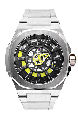 DWISS M3S Automatic Swiss Made watch with mysterious hours Black yellow with bracelet SWISS MADE AUTOMATIC WRIST WATCH WITH DWISS SIGNATURE MYSTERIOUS HOURS.