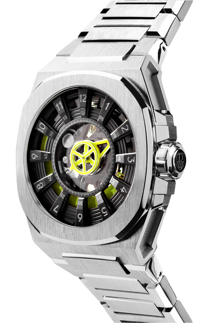 M3S black and yellow dial - swiss made watch with DWISS signature mysterious hours easy interchangeable bracelet using sellita SW200-1 movement 3/4 view