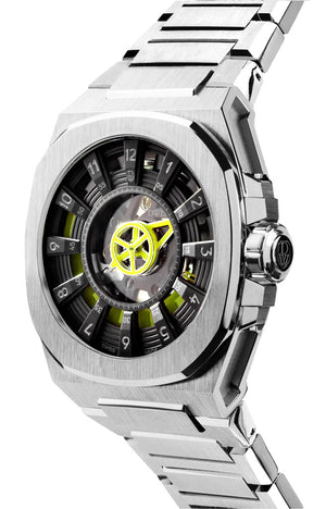 DWISS M3S Automatic Swiss Made watch with mysterious hours Black yellow with bracelet SWISS MADE AUTOMATIC WRIST WATCH WITH DWISS SIGNATURE MYSTERIOUS HOURS. 3/4 front