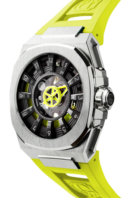 M3S black and yellow dial - swiss made watch with DWISS signature mysterious hours easy interchangeable strap using sellita SW200-1 movement 3/4 view