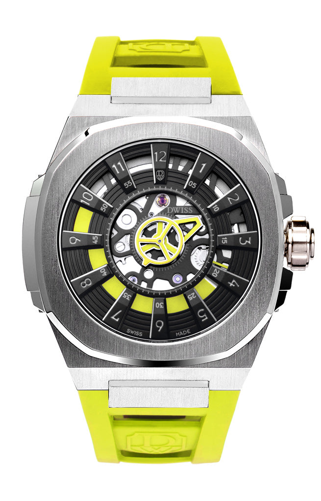 DWISS M3S Automatic Swiss Made watch with mysterious hours Black Yellow. SWISS MADE AUTOMATIC WRIST WATCH WITH DWISS SIGNATURE MYSTERIOUS HOURS.