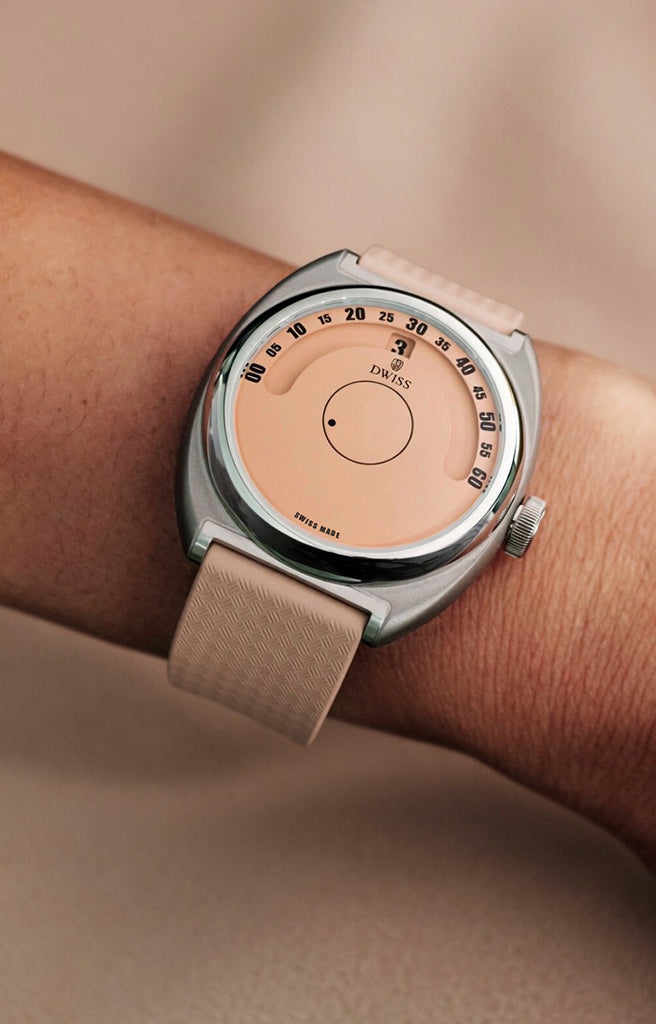 DWISS S1 salmon wandering hours Swiss Made watch on woman wrist