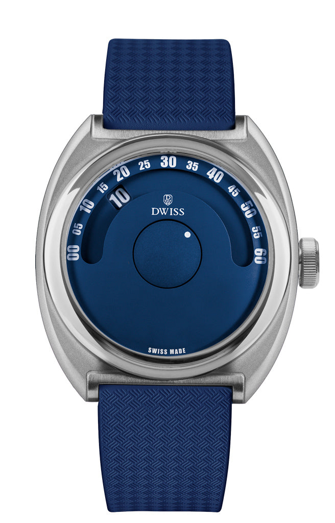 DWISS S1 Wandering hours with seconds, in blue colour and orange numbers - front picture