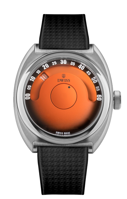 DWISS S1 Wandering Hours Orange mit schwarzem Gradientenabgas Zifferblatt und schwarzem Riemen. Indie Swiss Microbrand mit La Joux-Perret 68h Gangreserve, unabhängige Uhrmacherei