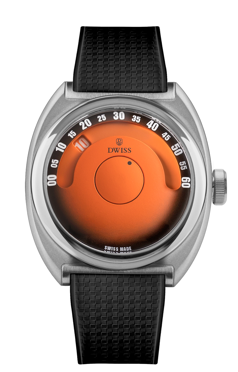 DWISS S1 Wandering Hours Orange with black gradient fume dial, and black strap. Indie Swiss microbrand with La Joux-Perret 68h power reserve, independent watchmaking