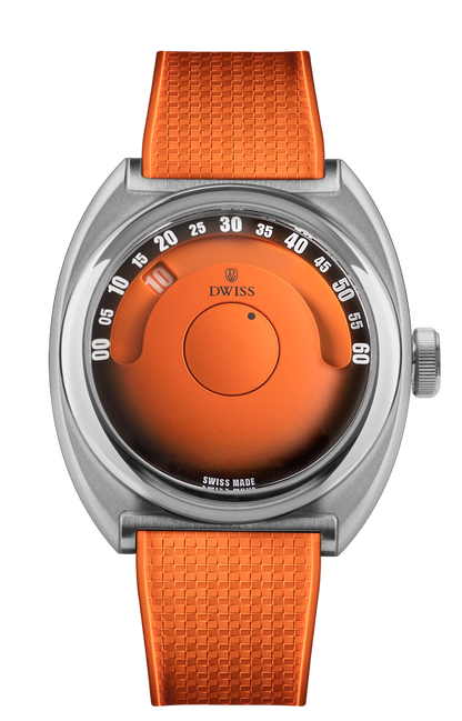 DWISS S1 Wandering Hours Orange with black gradient fume dial, front view. Indie Swiss microbrand with La Joux-Perret 68h power reserve, independent watchmaking