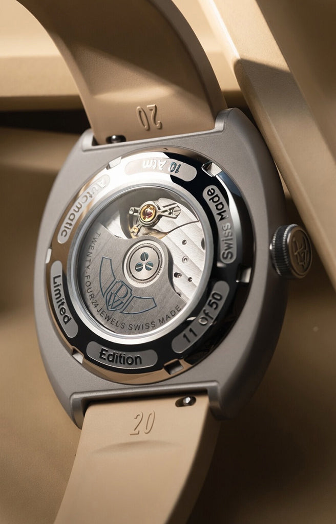 DWISS S1 salmon caseback exhibition Swiss Made La Joux-Perret movement