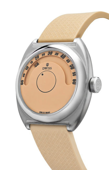 DWISS S1 Wandering hours with seconds, in Salmon colour and orange numbers - 3/4 picture