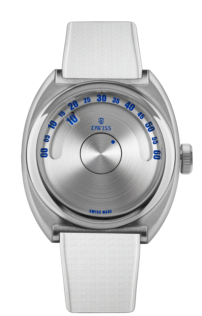 DWISS S1 Wandering Hours circular brushed dial, with white strap. Indie Swiss microbrand with La Joux-Perret 68h power reserve, independent watchmaking