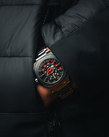 DWISS M3S red - metal bracelet, swiss made design awarded watch with DWISS signature mysterious hours time display and sapphire crystal