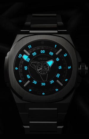M3-black-bracelet with DWISS unique displaced hours. Design awarded Swiss made watch using ETA 2824-2 elabore